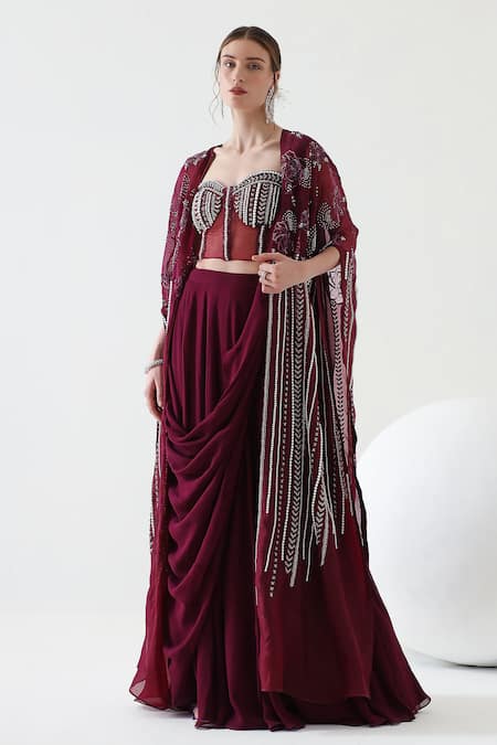 Mehak Talreja Couturre Wine Koyal Flora Embroidered Draped Skirt And Cape Set Online at Aza Fashions Mehak Talreja Couturre_Wine Koyal Flora Embroidered Draped Skirt And Cape Set _Online_at_Aza_Fashions