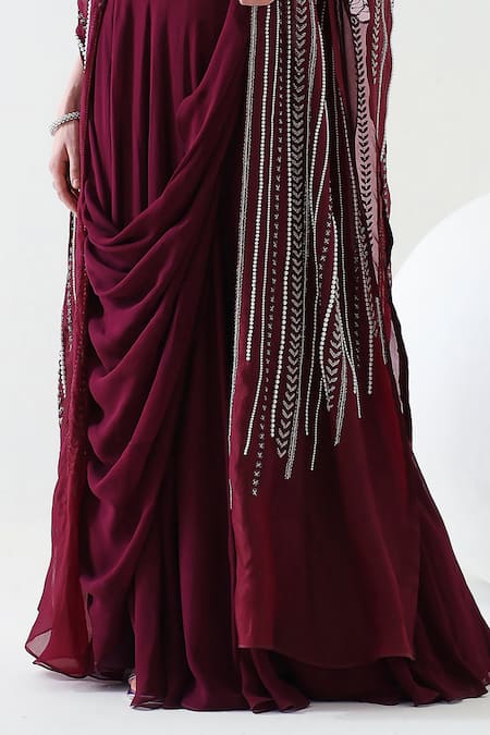 Buy Mehak Talreja Couturre Wine Koyal Flora Embroidered Draped Skirt And Cape Set Online at Aza Fashions Buy_Mehak Talreja Couturre_Wine Koyal Flora Embroidered Draped Skirt And Cape Set _Online_at_Aza_Fashions
