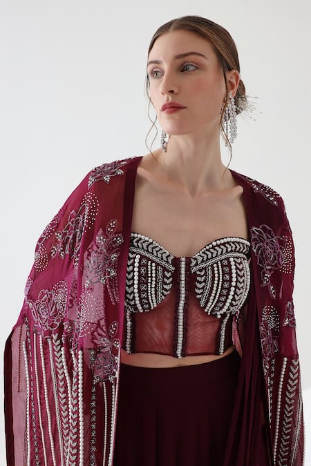 Shop Mehak Talreja Couturre Wine Koyal Flora Embroidered Draped Skirt And Cape Set Online at Aza Fashions Shop_Mehak Talreja Couturre_Wine Koyal Flora Embroidered Draped Skirt And Cape Set _Online_at_Aza_Fashions