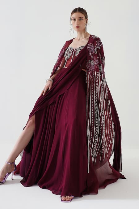 Mehak Talreja Couturre Wine Koyal Flora Embroidered Draped Skirt And Cape Set at Aza Fashions Mehak Talreja Couturre_Wine Koyal Flora Embroidered Draped Skirt And Cape Set _at_Aza_Fashions