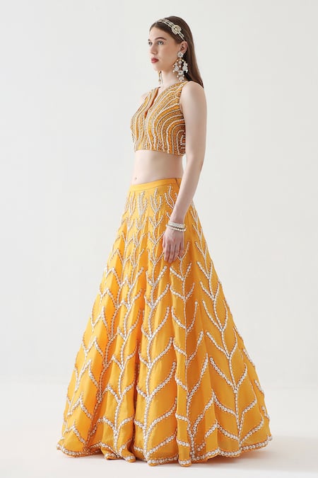 Mehak Talreja Couturre Yellow Organza Embroidery Pearls V Neck Dua Lehenga With Blouse Online at Aza Fashions Mehak Talreja Couturre_Yellow Organza Embroidery Pearls V Neck Dua Lehenga With Blouse _Online_at_Aza_Fashions