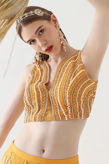 Shop Mehak Talreja Couturre Yellow Organza Embroidery Pearls V Neck Dua Lehenga With Blouse Online at Aza Fashions Shop_Mehak Talreja Couturre_Yellow Organza Embroidery Pearls V Neck Dua Lehenga With Blouse _Online_at_Aza_Fashions