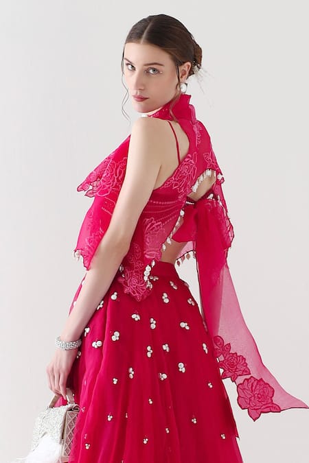 Buy_Mehak Talreja Couturre_Pink Organza Embroidery Pearls Jacket Open Dariya Embellished Lehenga And Set _Online_at_Aza_Fashions