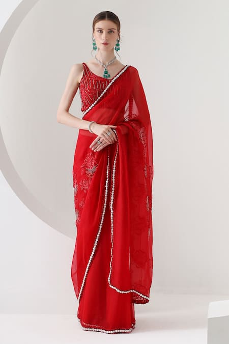 Mehak Talreja Couturre Red Organza Embroidery Pearls Round Bloom Pre-draped Saree With Blouse 