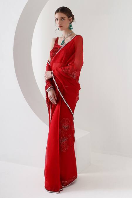 Buy_Mehak Talreja Couturre_Red Organza Embroidery Pearls Round Bloom Pre-draped Saree With Blouse _Online_at_Aza_Fashions