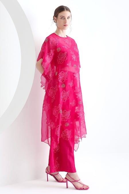 Mehak Talreja Couturre_Pink Organza Pearls, Embroidery Round Alexa Bloom Thread Work Kaftan With Pant _Online_at_Aza_Fashions