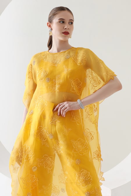 Mehak Talreja Couturre_Yellow Organza Pearls, Embroidery Alexa Blossom Thread Work Kaftan With Pant _Online_at_Aza_Fashions