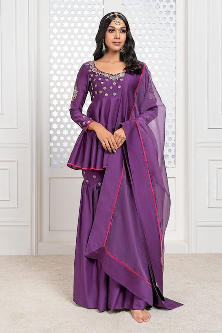 The Aarya Purple Chanderi, Viscose Sequins, Embroidery, Bodice Peplum Top Gharara Set 