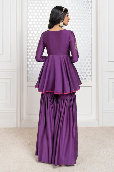 Shop The Aarya Purple Chanderi, Viscose Sequins, Embroidery, Bodice Peplum Top Gharara Set at Aza Fashions Shop_The Aarya_Purple Chanderi, Viscose Sequins, Embroidery, Bodice Peplum Top Gharara Set _at_Aza_Fashions
