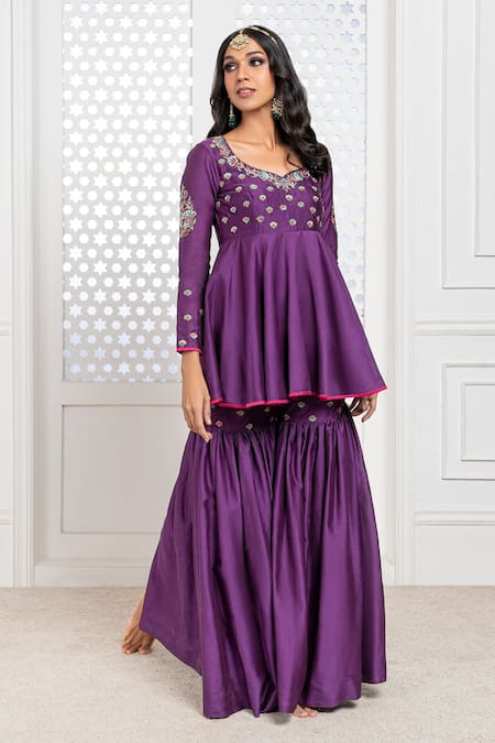 The Aarya Purple Chanderi, Viscose Sequins, Embroidery, Bodice Peplum Top Gharara Set Online at Aza Fashions The Aarya_Purple Chanderi, Viscose Sequins, Embroidery, Bodice Peplum Top Gharara Set _Online_at_Aza_Fashions
