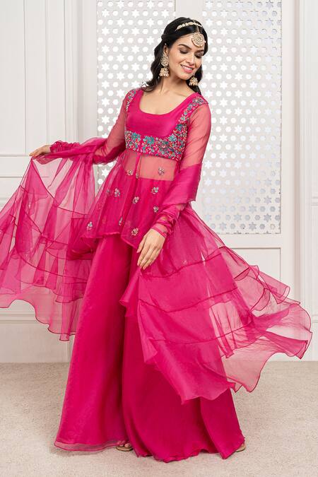 The Aarya Pink Chanderi, Viscose Embroidery, Sequins, Glitter Hand Peplum Top Gharara Set Online at Aza Fashions The Aarya_Pink Chanderi, Viscose Embroidery, Sequins, Glitter Hand Peplum Top Gharara Set _Online_at_Aza_Fashions