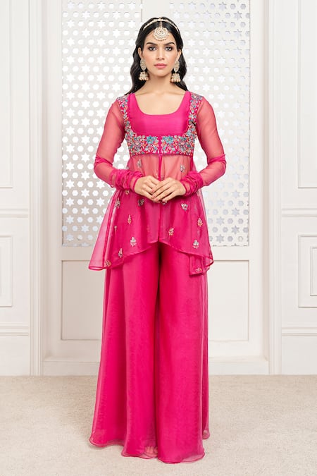 Buy The Aarya Pink Chanderi, Viscose Embroidery, Sequins, Glitter Hand Peplum Top Gharara Set Online at Aza Fashions Buy_The Aarya_Pink Chanderi, Viscose Embroidery, Sequins, Glitter Hand Peplum Top Gharara Set _Online_at_Aza_Fashions