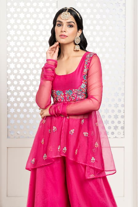 Shop The Aarya Pink Chanderi, Viscose Embroidery, Sequins, Glitter Hand Peplum Top Gharara Set Online at Aza Fashions Shop_The Aarya_Pink Chanderi, Viscose Embroidery, Sequins, Glitter Hand Peplum Top Gharara Set _Online_at_Aza_Fashions