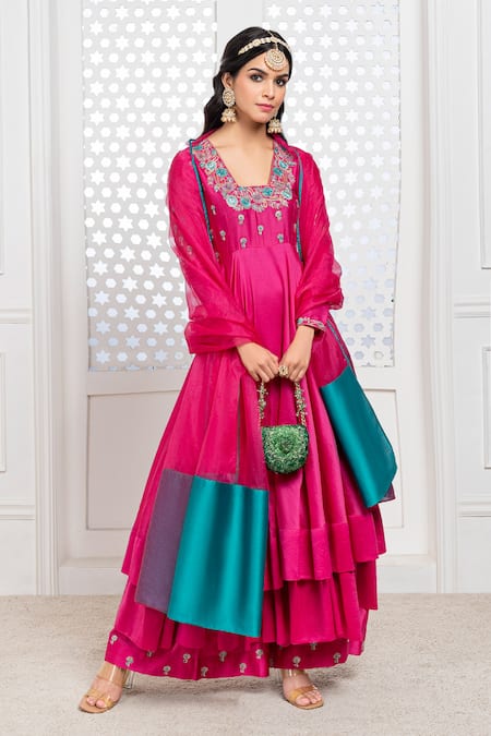 Buy_The Aarya_Pink Chanderi, Viscose Embroidery Square Neck Bodice Anarkali Palazzo Set _Online_at_Aza_Fashions
