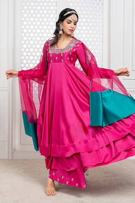 Shop_The Aarya_Pink Chanderi, Viscose Embroidery Square Neck Bodice Anarkali Palazzo Set _Online_at_Aza_Fashions