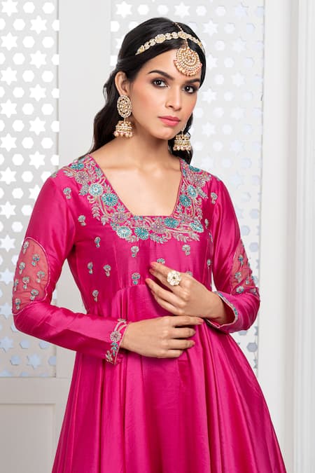 The Aarya_Pink Chanderi, Viscose Embroidery Square Neck Bodice Anarkali Palazzo Set _at_Aza_Fashions
