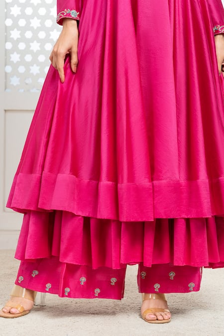 Buy_The Aarya_Pink Chanderi, Viscose Embroidery Square Neck Bodice Anarkali Palazzo Set 