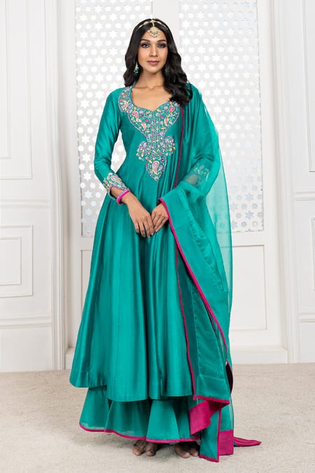 The Aarya_Green Chanderi, Viscose Zari, Bodice Hand Embroidered Anarkali Palazzo Set _Online_at_Aza_Fashions