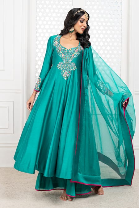 Buy_The Aarya_Green Chanderi, Viscose Zari, Bodice Hand Embroidered Anarkali Palazzo Set _Online_at_Aza_Fashions