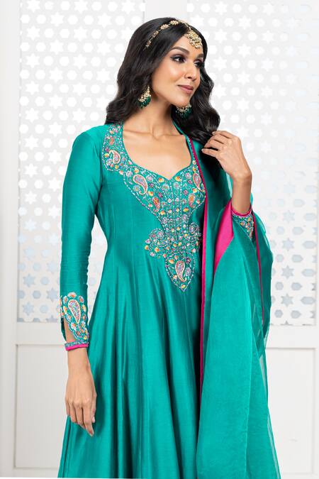 Shop_The Aarya_Green Chanderi, Viscose Zari, Bodice Hand Embroidered Anarkali Palazzo Set _Online_at_Aza_Fashions