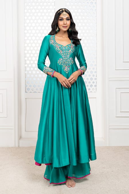The Aarya_Green Chanderi, Viscose Zari, Bodice Hand Embroidered Anarkali Palazzo Set _at_Aza_Fashions