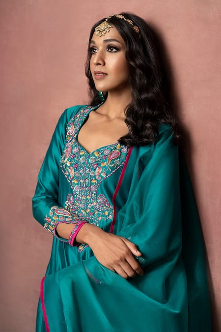 Buy_The Aarya_Green Chanderi, Viscose Zari, Bodice Hand Embroidered Anarkali Palazzo Set 
