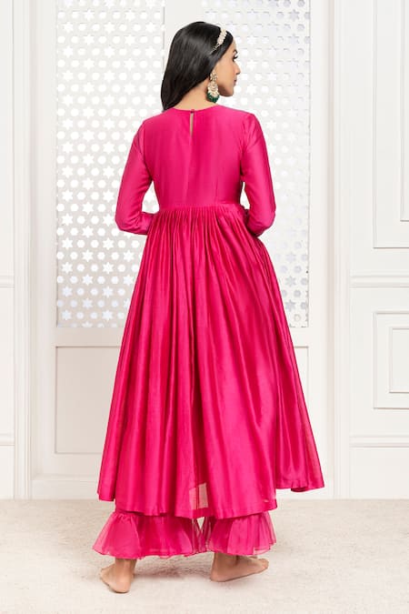 Shop The Aarya Pink Chanderi, Viscose, Organza Zari, Sequins Bodice Work Anarkali Palazzo Set at Aza Fashions Shop_The Aarya_Pink Chanderi, Viscose, Organza Zari, Sequins Bodice Work Anarkali Palazzo Set _at_Aza_Fashions