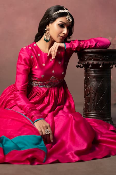 The Aarya Pink Chanderi, Viscose, Organza Zari, Sequins Bodice Work Anarkali Palazzo Set at Aza Fashions The Aarya_Pink Chanderi, Viscose, Organza Zari, Sequins Bodice Work Anarkali Palazzo Set _at_Aza_Fashions