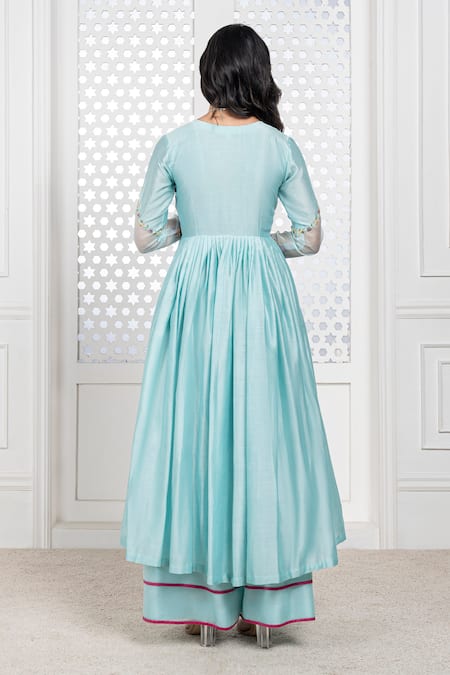 The Aarya Blue Chanderi, Viscose Embroidery, Sequins V-neck Sleeve Anarkali Palazzo Set Online at Aza Fashions The Aarya_Blue Chanderi, Viscose Embroidery, Sequins V-neck Sleeve Anarkali Palazzo Set _Online_at_Aza_Fashions