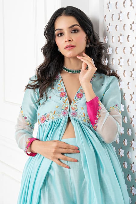Shop The Aarya Blue Chanderi, Viscose Embroidery, Sequins V-neck Sleeve Anarkali Palazzo Set Online at Aza Fashions Shop_The Aarya_Blue Chanderi, Viscose Embroidery, Sequins V-neck Sleeve Anarkali Palazzo Set _Online_at_Aza_Fashions