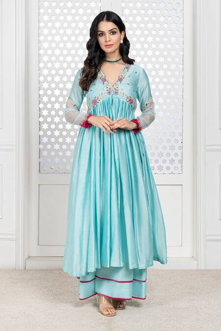 The Aarya Blue Chanderi, Viscose Embroidery, Sequins V-neck Sleeve Anarkali Palazzo Set at Aza Fashions The Aarya_Blue Chanderi, Viscose Embroidery, Sequins V-neck Sleeve Anarkali Palazzo Set _at_Aza_Fashions
