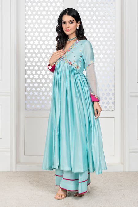 Buy The Aarya Blue Chanderi, Viscose Embroidery, Sequins V-neck Sleeve Anarkali Palazzo Set Buy_The Aarya_Blue Chanderi, Viscose Embroidery, Sequins V-neck Sleeve Anarkali Palazzo Set