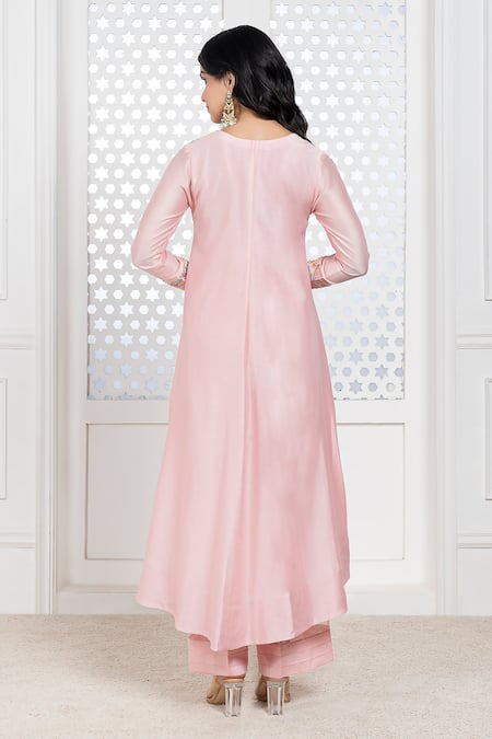 Shop_The Aarya_Peach Chanderi, Viscose Beads V-neck Bodice Hand Embroidered Anarkali Set _at_Aza_Fashions