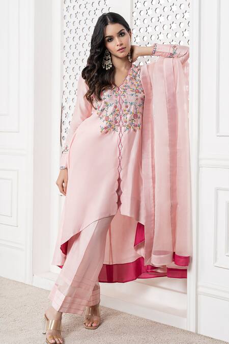 The Aarya_Peach Chanderi, Viscose Beads V-neck Bodice Hand Embroidered Anarkali Set _Online_at_Aza_Fashions