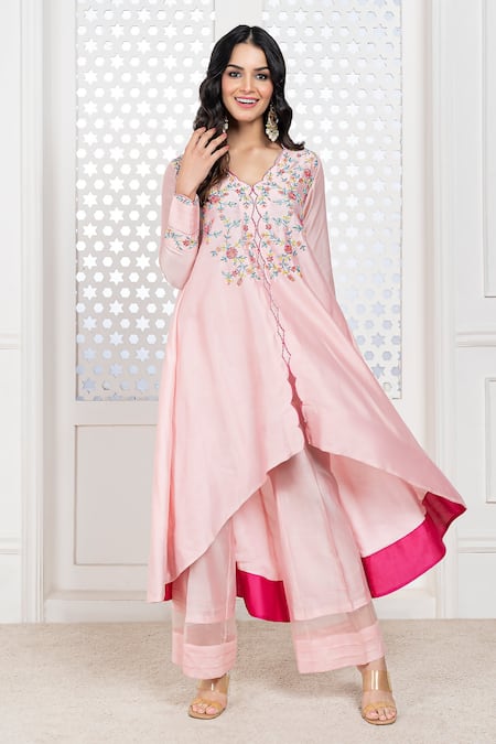 Shop_The Aarya_Peach Chanderi, Viscose Beads V-neck Bodice Hand Embroidered Anarkali Set _Online_at_Aza_Fashions