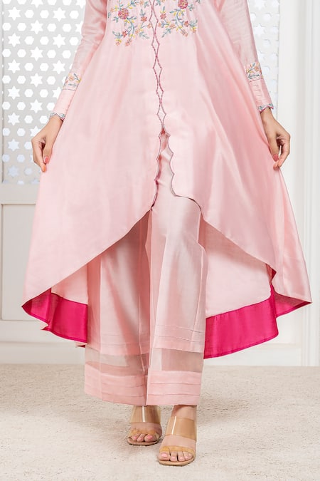 The Aarya_Peach Chanderi, Viscose Beads V-neck Bodice Hand Embroidered Anarkali Set _at_Aza_Fashions