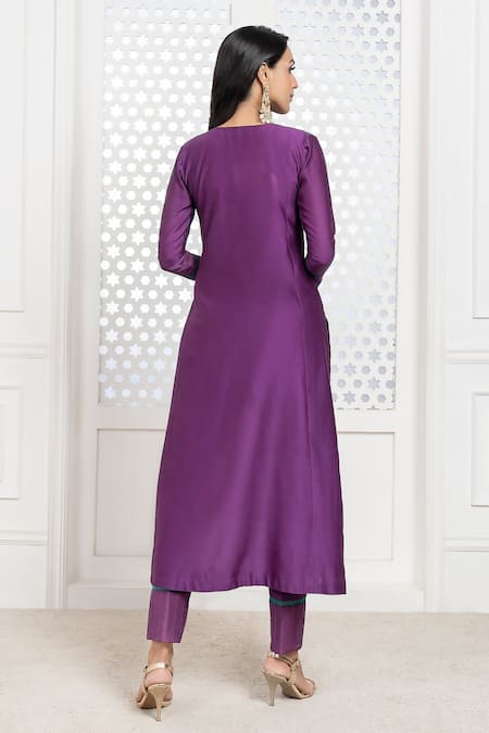 Shop The Aarya Purple Chanderi, Viscose Embroidery, Sequins, Beads Split V-neck Kurta Pant Set at Aza Fashions Shop_The Aarya_Purple Chanderi, Viscose Embroidery, Sequins, Beads Split V-neck Kurta Pant Set _at_Aza_Fashions