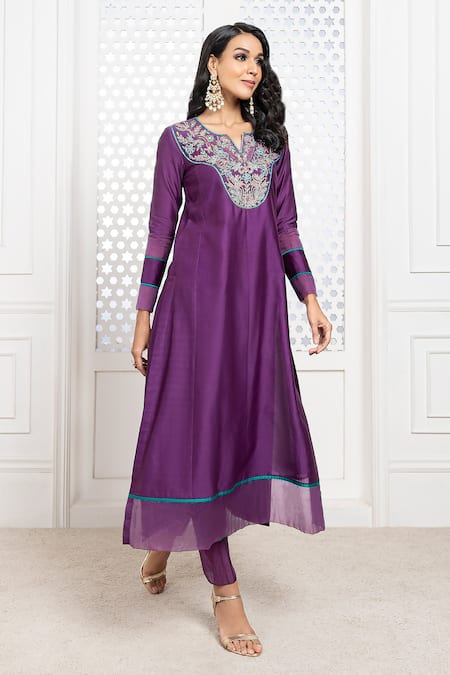 The Aarya Purple Chanderi, Viscose Embroidery, Sequins, Beads Split V-neck Kurta Pant Set Online at Aza Fashions The Aarya_Purple Chanderi, Viscose Embroidery, Sequins, Beads Split V-neck Kurta Pant Set _Online_at_Aza_Fashions
