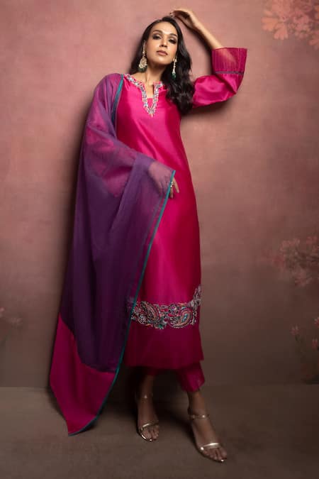The Aarya Pink Chanderi, Viscose Sequins, Beads Split V-neck Embroidered Kurta Pant Set 