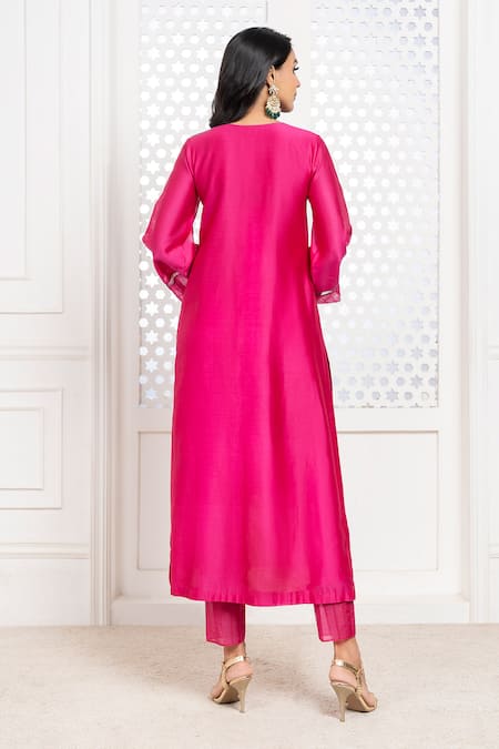 Shop The Aarya Pink Chanderi, Viscose Sequins, Beads Split V-neck Embroidered Kurta Pant Set at Aza Fashions Shop_The Aarya_Pink Chanderi, Viscose Sequins, Beads Split V-neck Embroidered Kurta Pant Set _at_Aza_Fashions