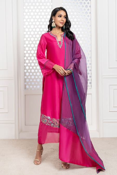 The Aarya Pink Chanderi, Viscose Sequins, Beads Split V-neck Embroidered Kurta Pant Set Online at Aza Fashions The Aarya_Pink Chanderi, Viscose Sequins, Beads Split V-neck Embroidered Kurta Pant Set _Online_at_Aza_Fashions