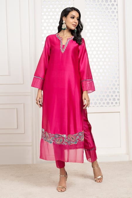 Buy The Aarya Pink Chanderi, Viscose Sequins, Beads Split V-neck Embroidered Kurta Pant Set Online at Aza Fashions Buy_The Aarya_Pink Chanderi, Viscose Sequins, Beads Split V-neck Embroidered Kurta Pant Set _Online_at_Aza_Fashions