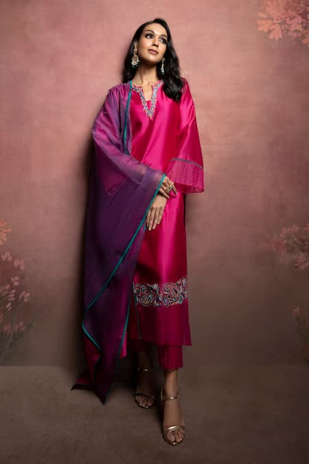 Shop The Aarya Pink Chanderi, Viscose Sequins, Beads Split V-neck Embroidered Kurta Pant Set Shop_The Aarya_Pink Chanderi, Viscose Sequins, Beads Split V-neck Embroidered Kurta Pant Set
