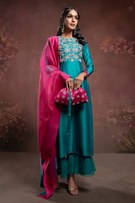 The Aarya Green Chanderi, Viscose Sequins, Zari, Bodice Embroidered Kurta Palazzo Set 
