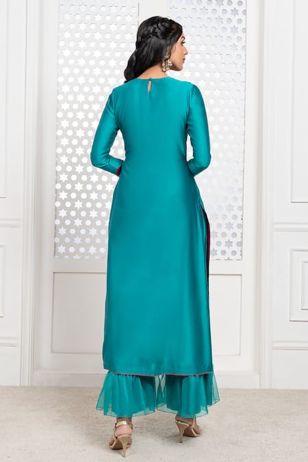 Shop The Aarya Green Chanderi, Viscose Sequins, Zari, Bodice Embroidered Kurta Palazzo Set at Aza Fashions Shop_The Aarya_Green Chanderi, Viscose Sequins, Zari, Bodice Embroidered Kurta Palazzo Set _at_Aza_Fashions