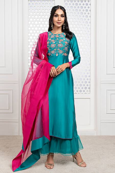 The Aarya Green Chanderi, Viscose Sequins, Zari, Bodice Embroidered Kurta Palazzo Set Online at Aza Fashions The Aarya_Green Chanderi, Viscose Sequins, Zari, Bodice Embroidered Kurta Palazzo Set _Online_at_Aza_Fashions