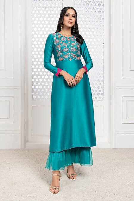 Shop The Aarya Green Chanderi, Viscose Sequins, Zari, Bodice Embroidered Kurta Palazzo Set Online at Aza Fashions Shop_The Aarya_Green Chanderi, Viscose Sequins, Zari, Bodice Embroidered Kurta Palazzo Set _Online_at_Aza_Fashions