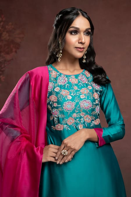 The Aarya Green Chanderi, Viscose Sequins, Zari, Bodice Embroidered Kurta Palazzo Set at Aza Fashions The Aarya_Green Chanderi, Viscose Sequins, Zari, Bodice Embroidered Kurta Palazzo Set _at_Aza_Fashions