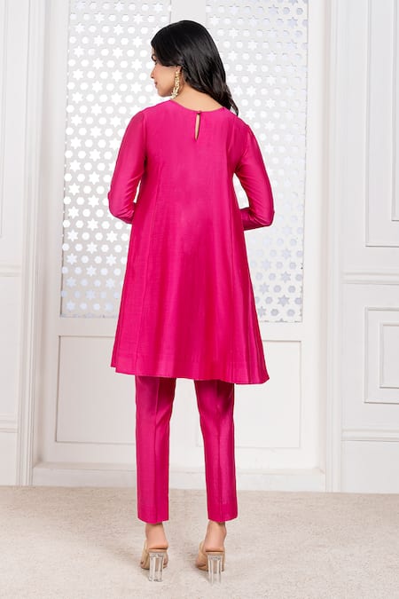 The Aarya Pink Chanderi, Viscose Embroidery Round Neck Hand High-low Anarkali Set Online at Aza Fashions The Aarya_Pink Chanderi, Viscose Embroidery Round Neck Hand High-low Anarkali Set _Online_at_Aza_Fashions