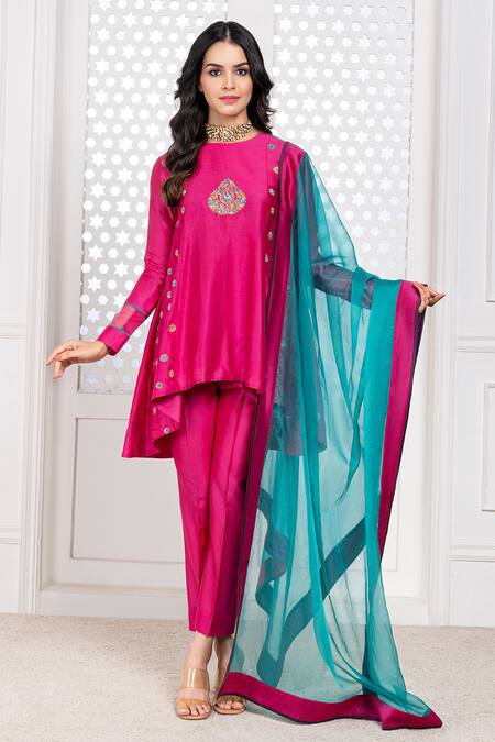 Buy The Aarya Pink Chanderi, Viscose Embroidery Round Neck Hand High-low Anarkali Set Online at Aza Fashions Buy_The Aarya_Pink Chanderi, Viscose Embroidery Round Neck Hand High-low Anarkali Set _Online_at_Aza_Fashions
